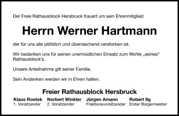 Traueranzeige von Werner Hartmann von Hersbrucker Zeitung