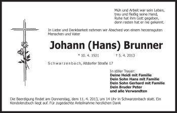 Traueranzeige von Johann Brunner von Der Bote