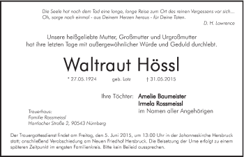 Traueranzeige von Waltraut Hössl von Hersbrucker Zeitung
