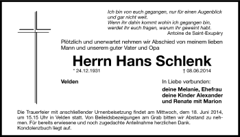 Traueranzeige von Hans Schlenk von Hersbrucker Zeitung