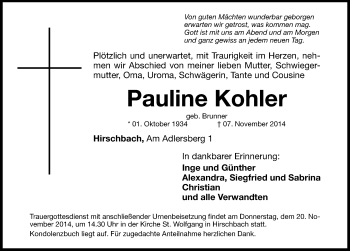 Traueranzeige von Pauline Kohler von Hersbrucker Zeitung