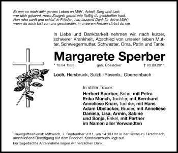 Traueranzeige von Margarete Sperber von Hersbrucker Zeitung