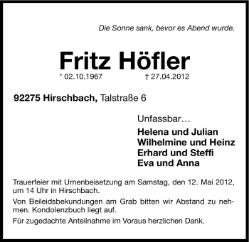 Traueranzeige von Fritz Höfler von Hersbrucker Zeitung