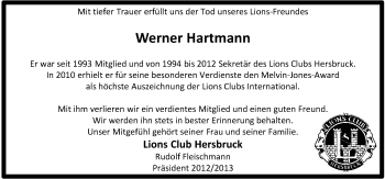 Traueranzeige von Werner Hartmann von Hersbrucker Zeitung