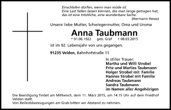 Traueranzeige von Anna Taubmann von Hersbrucker Zeitung