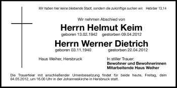 Traueranzeige von Haus Weiher  von Hersbrucker Zeitung