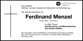 Traueranzeige von Ferdinand Menzel von Hersbrucker Zeitung