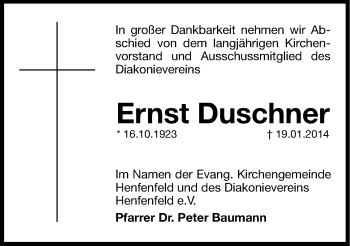 Traueranzeige von Ernst Duschner von Hersbrucker Zeitung