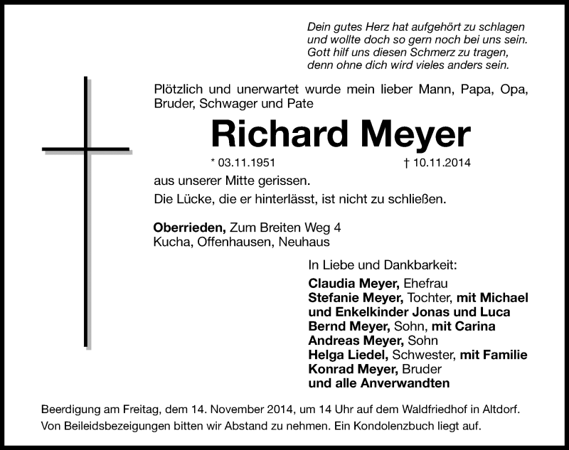  Traueranzeige für Richard Meyer vom 13.11.2014 aus Hersbrucker Zeitung