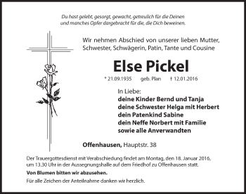 Traueranzeige von Else Pickel von Hersbrucker Zeitung