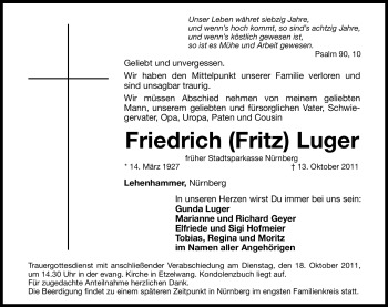 Traueranzeige von Friedrich Luger von Hersbrucker Zeitung