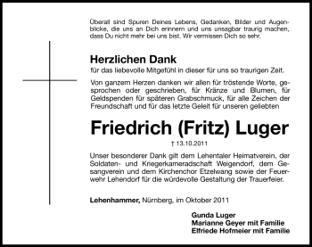 Traueranzeige von Friedrich Luger von Hersbrucker Zeitung