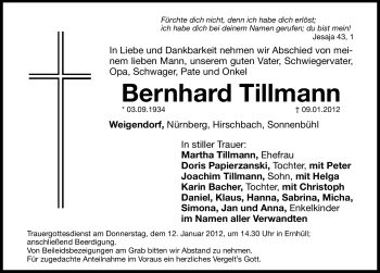 Traueranzeige von Bernhard Tillmann von Hersbrucker Zeitung