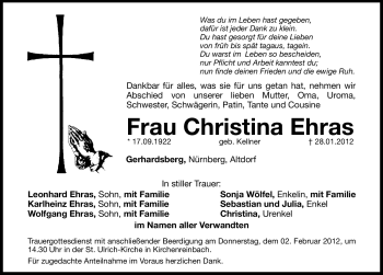 Traueranzeige von Christina Ehras von Hersbrucker Zeitung