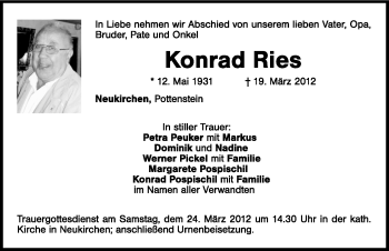 Traueranzeige von Konrad Ries von Hersbrucker Zeitung