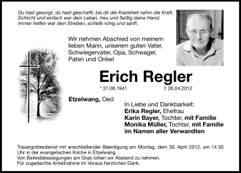 Traueranzeige von Erich Regler von Hersbrucker Zeitung