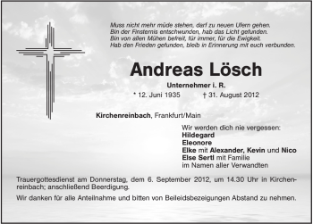 Traueranzeige von Andreas Lösch von Hersbrucker Zeitung