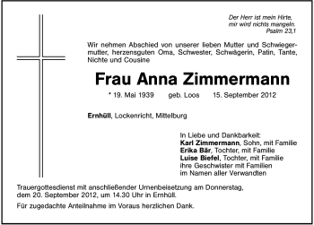 Traueranzeige von Anna Zimmermann von Hersbrucker Zeitung