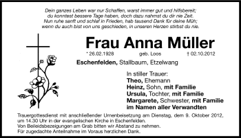 Traueranzeige von Anna Müller von Hersbrucker Zeitung