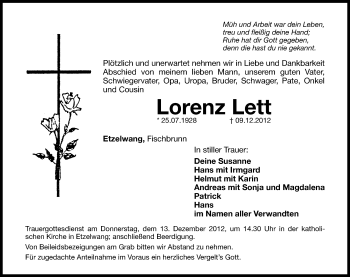 Traueranzeige von Lorenz Lett von Hersbrucker Zeitung