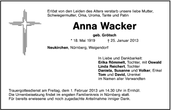 Traueranzeige von Anna Wacker von Hersbrucker Zeitung