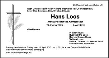 Traueranzeige von Hans Loos von Hersbrucker Zeitung