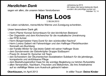 Traueranzeige von Hans Loos von Hersbrucker Zeitung
