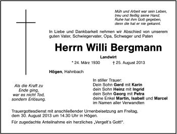 Traueranzeige von Willi Bergmann von Hersbrucker Zeitung