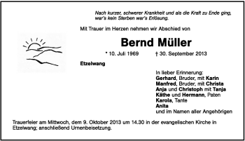 Traueranzeige von Bernd Müller von Hersbrucker Zeitung