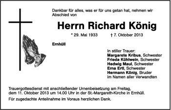 Traueranzeige von Richard König von Hersbrucker Zeitung