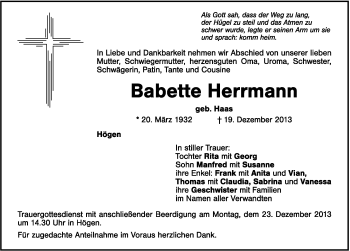 Traueranzeige von Babette Herrmann von Hersbrucker Zeitung
