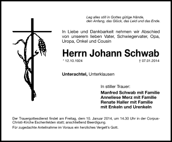 Traueranzeige von Johann Schwab von Hersbrucker Zeitung
