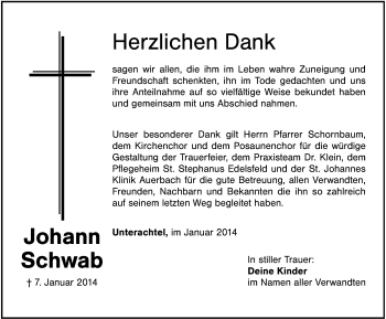 Traueranzeige von Johann Schwab von Hersbrucker Zeitung