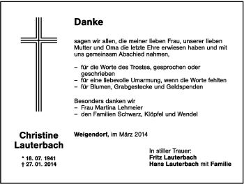 Traueranzeige von Christine Lauterbach von Hersbrucker Zeitung