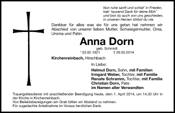 Traueranzeige von Anna Dorn von Hersbrucker Zeitung