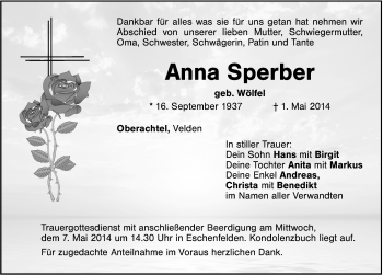 Traueranzeige von Anna Sperber von Hersbrucker Zeitung