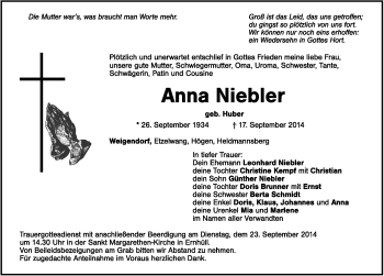Traueranzeige von Anna Niebler von Hersbrucker Zeitung