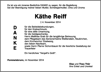 Traueranzeige von Käthe Reiff von Hersbrucker Zeitung