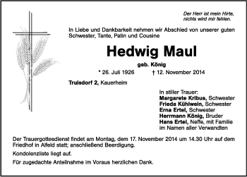 Traueranzeige von Hedwig Maul von Hersbrucker Zeitung