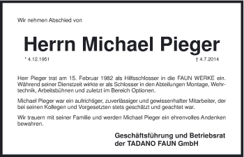 Traueranzeige von Michael Pieger von Hersbrucker Zeitung