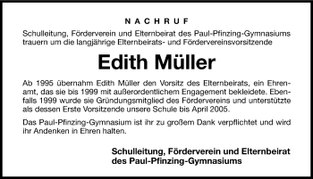 Traueranzeige von Edith Müller von Hersbrucker Zeitung