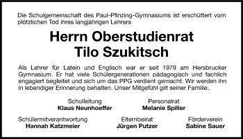 Traueranzeige von Tilo Szukitsch von Hersbrucker Zeitung