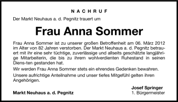 Traueranzeige von Anna Sommer von Hersbrucker Zeitung