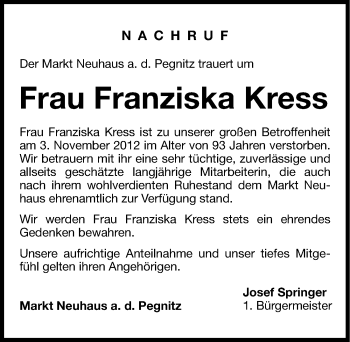 Traueranzeige von Franziska Kress von Hersbrucker Zeitung