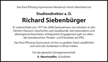 Traueranzeige von Richard Siebenbürger von Hersbrucker Zeitung