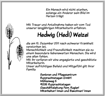Traueranzeige von Hedwig Welzel von Hersbrucker Zeitung