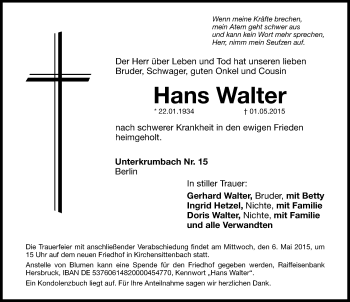 Traueranzeige von Hans Walter von Hersbrucker Zeitung