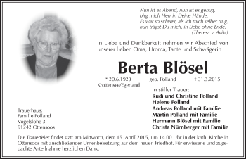 Traueranzeige von Berta Blösel von Pegnitz-Zeitung