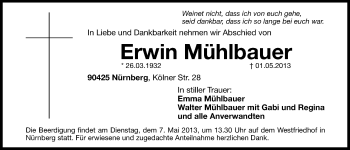 Traueranzeige von Erwin Mühlbauer von Hersbrucker Zeitung