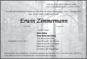 Traueranzeige von Erwin Zimmermann von Hersbrucker Zeitung